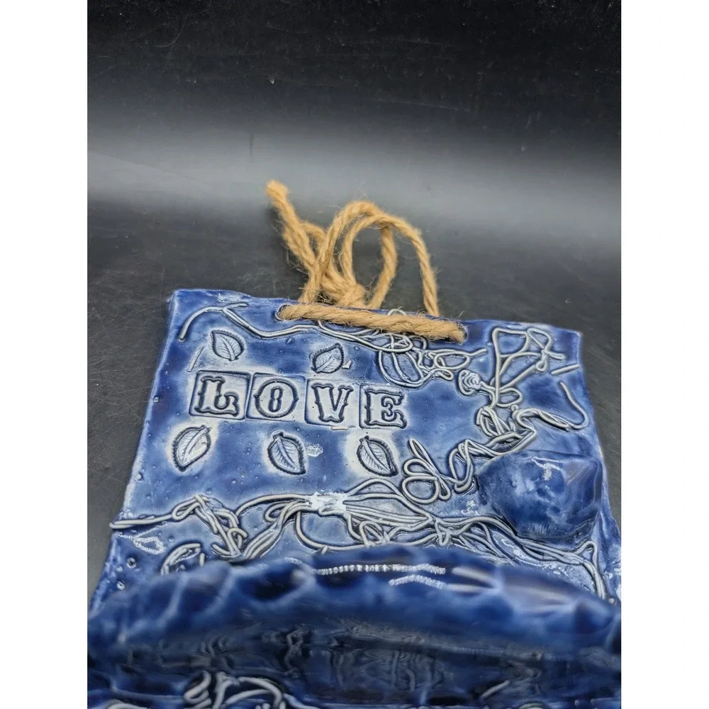 Handmade Studio Pottery Love Wall Hanging Cobalt Blue Ceramic Shelf with Pegs 8
